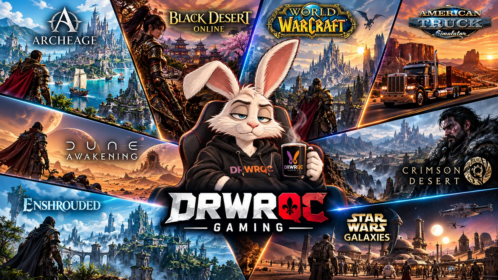 L’univers DRWRQC Gaming avec ArcheAge, Black Desert Online, World of Warcraft, American Truck Simulator, Dune Awakening, Crimson Desert, Enshrouded et Star Wars Galaxies